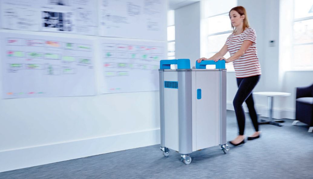 LabCabby Laptop, tablet, chromebook, hybrid, charging cart, trolley, portable, desktop solutions