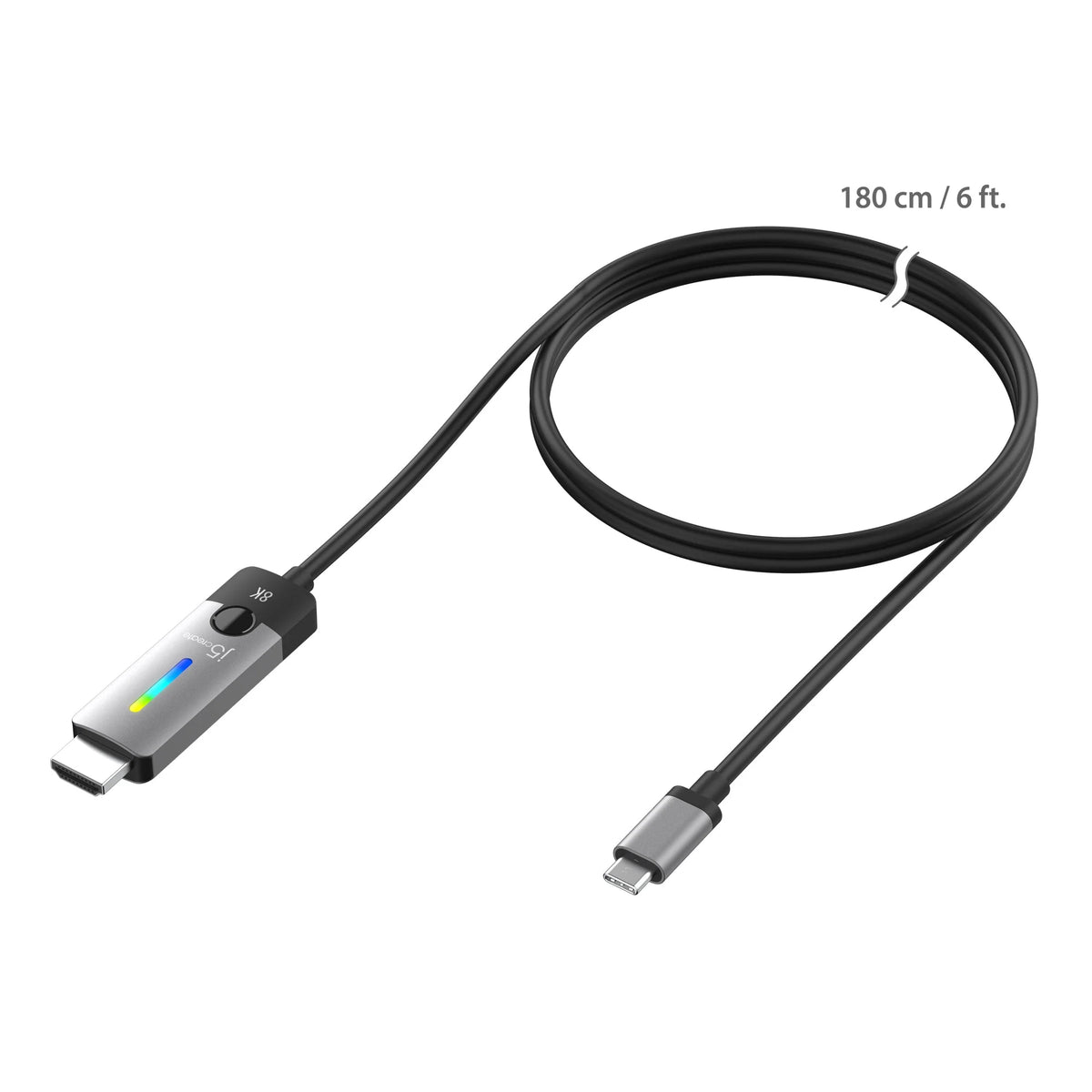 J5create JCC157 USB-C to HDMI 2.1 8K Cable (1.8m) -  Windows / macOS / Chrome OS Compatible - RGB light indicator for gaming setups J5CREATE