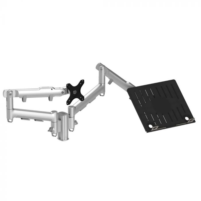 Atdec AWM Dual monitor arm Monitor solution - dynamic arms - 135mm post - Grommet - silver with a note book tray