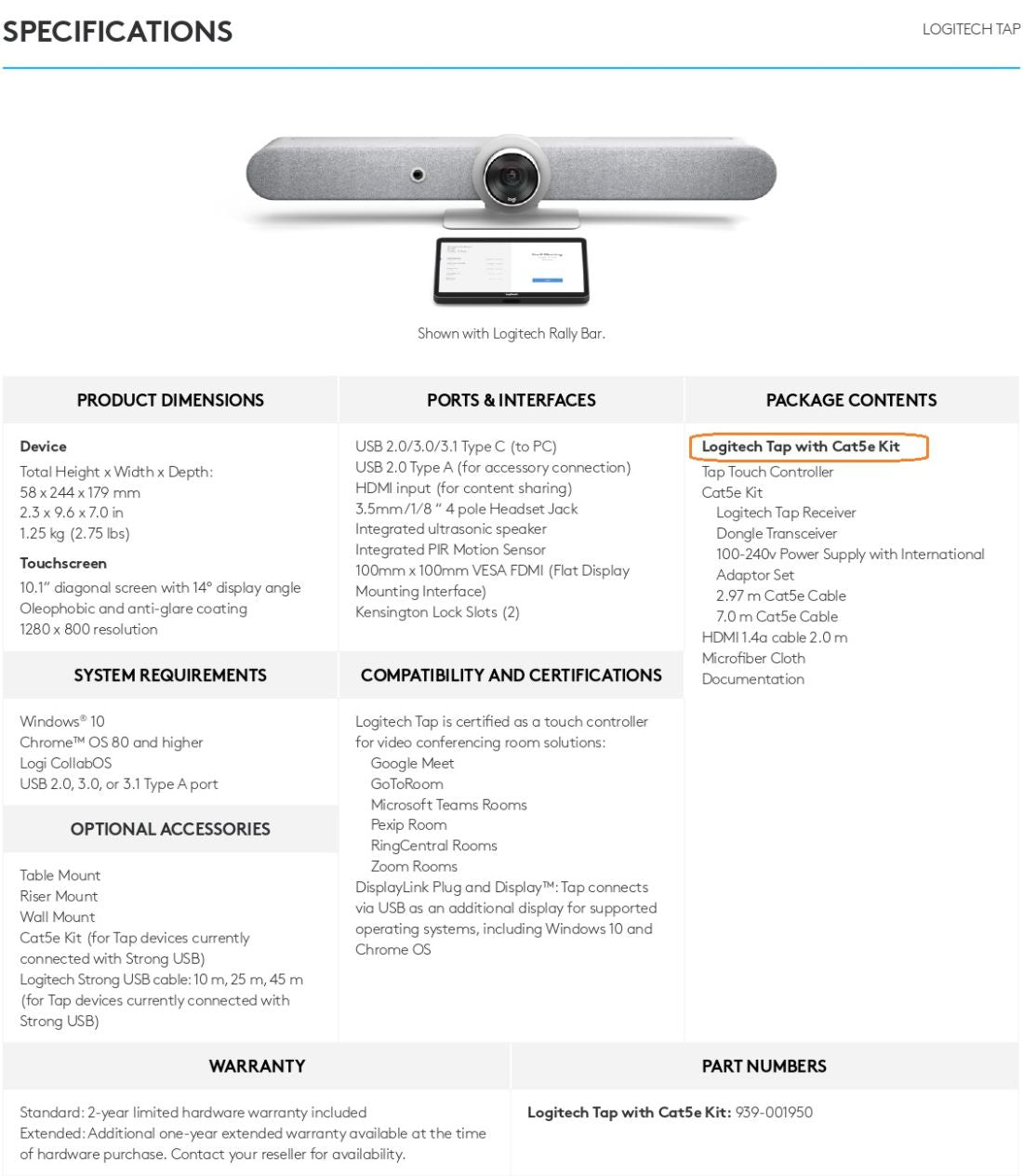 Logitech TAP Cat5 wit h Logitech Mini Bar White