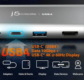 J5create JCD401 USB4 Dual Display 4K Multi-Port Docking Hub - Featuring Intel USB4 Controller (USB-C to DP, HDMI, USB-C Display, USB-C 85w PD P/T)