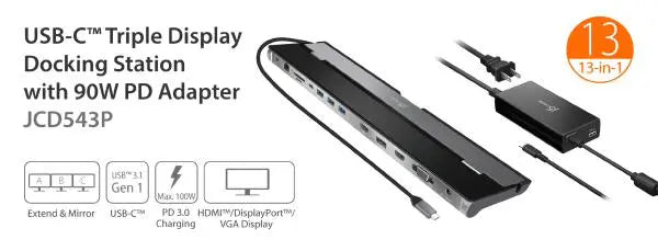 J5create JCD543P USB-C Triple Display Docking Station with 100W PD adaptor (USB-C to VGA/HDMI/DP, RJ45, SD card, USB-A x 3, USB-C x 1, USB-C PD)