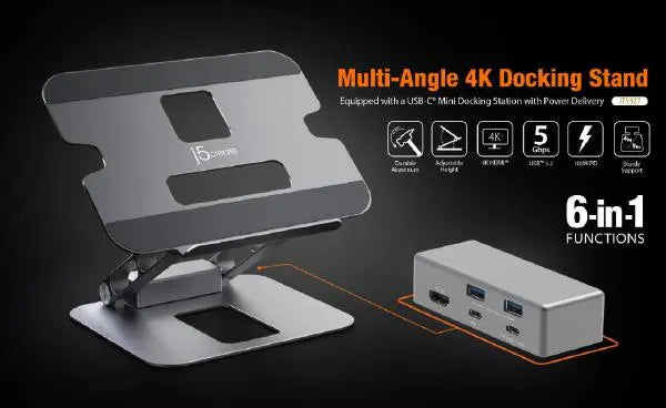 J5create JTS327 Multi-Angle single 4K HDMI Docking Laptop Stand with USB-C Pass Through (USB-C Dock w/ 4K HDMI, 2 x USB-A, USB-C Host, USB-C 100W PD)