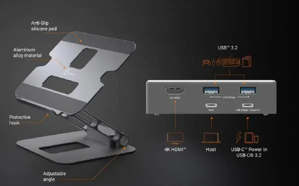 J5create JTS327 Multi-Angle single 4K HDMI Docking Laptop Stand with USB-C Pass Through (USB-C Dock w/ 4K HDMI, 2 x USB-A, USB-C Host, USB-C 100W PD)